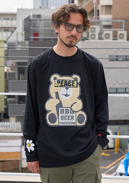 STUD MUFFIN 5.6ozコットン天竺 BEARシークイン LS Tシャツ | BLACK