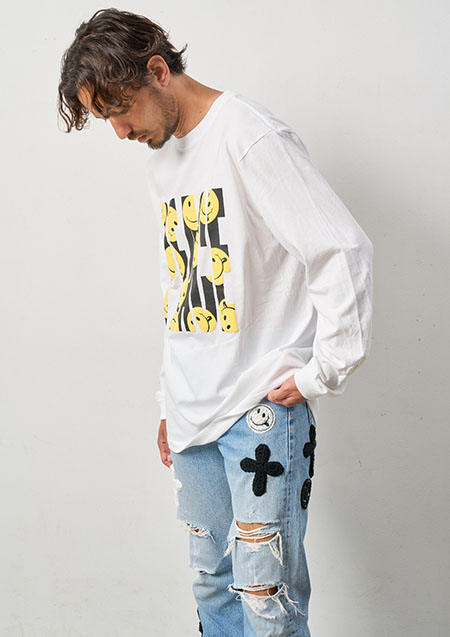 STUD MUFFIN 5.6ozコットン天竺 PEACE SMILE発泡プリントLS Tシャツ | WHITE