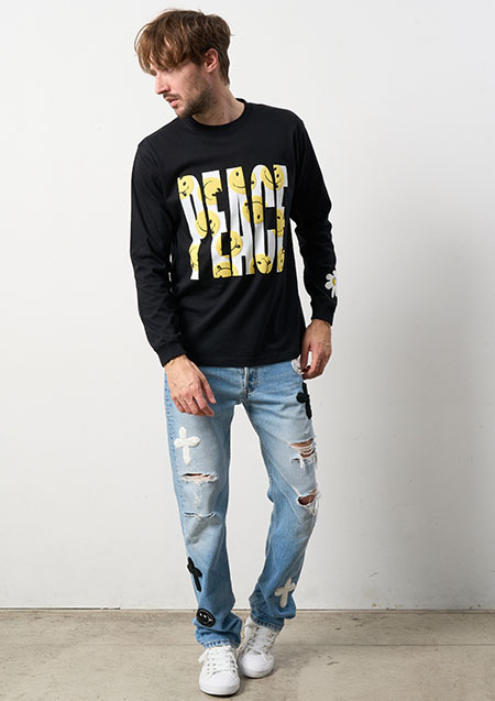 STUD MUFFIN 5.6ozコットン天竺 PEACE SMILE発泡プリントLS Tシャツ | BLACK