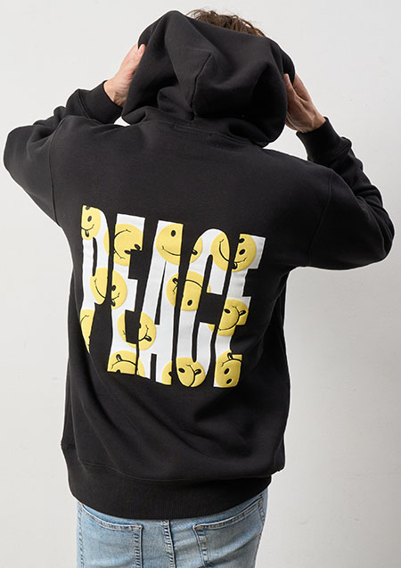 STUD MUFFIN TC裏毛起毛 PEACE SMILE発泡プリント プルパーカー | BLACK