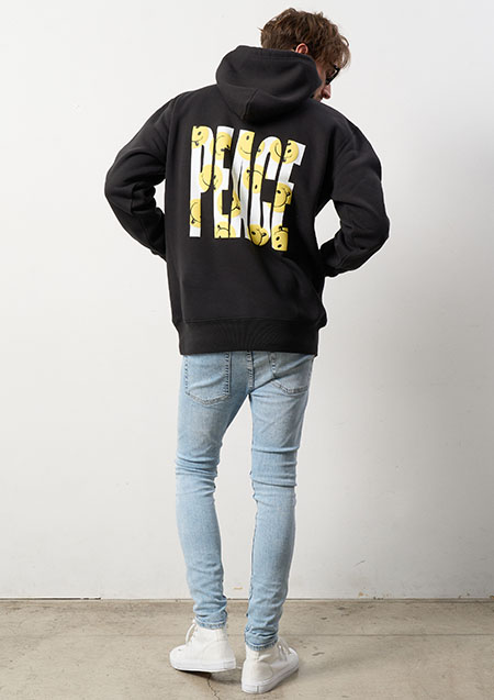 STUD MUFFIN TC裏毛起毛 PEACE SMILE発泡プリント プルパーカー | BLACK